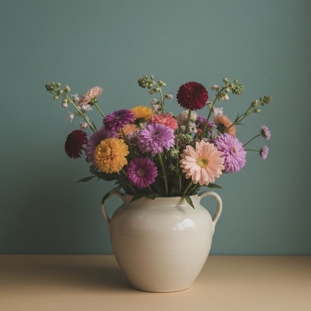 Two empty chairs in a hospital waiting area with a candle and wildflowers